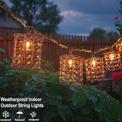 Outdoor Patio String Lights Plug in with 10 Incandescent Bulbs, Handwoven Beaded Copper Wire Style Decorative Lantern String Lights Connectable Weatherproof for Pergola, Porch, Mantel, Indoor Decor