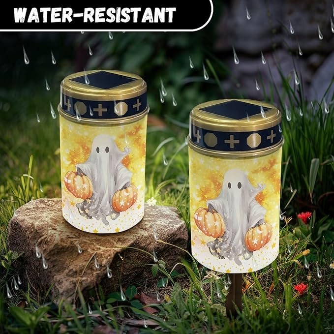 Ghost Print Cemetery Solar Light for Grave Solar Lights Outdoor Waterproof Solar Garden Light Solar Stake Lights for Pathway Back Yard Halloween Decor Solar Walkway Lights