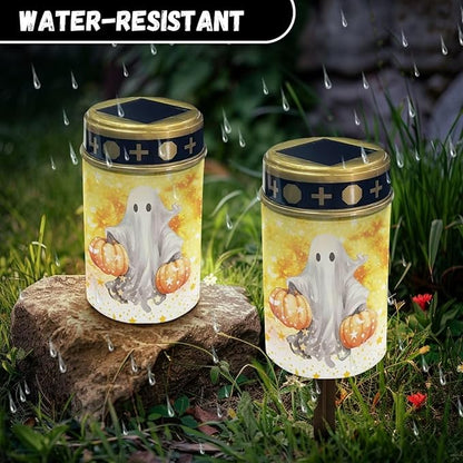 Ghost Print Cemetery Solar Light for Grave Solar Lights Outdoor Waterproof Solar Garden Light Solar Stake Lights for Pathway Back Yard Halloween Decor Solar Walkway Lights