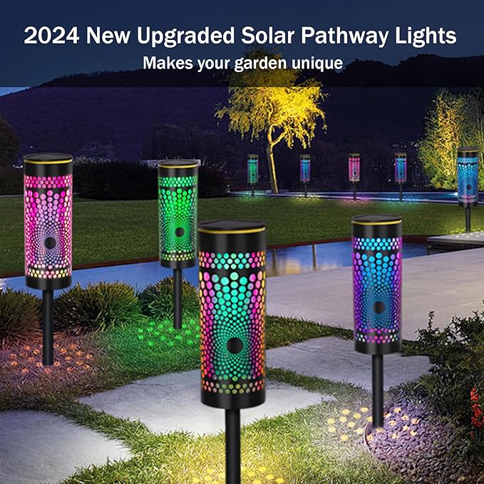 Solar Pathway Lights 4 Pack, 2024 Upgraded Colors Changing Solar Garden Lights Outdoor Waterproof, Solar Powered Landscape Lights for Walkway Driveway Lawn Patio Sidewalk Yard Decor, DCLD-2