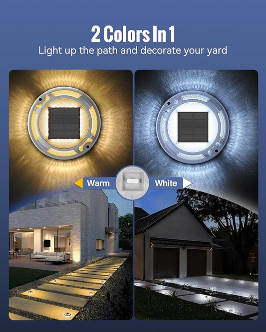 Solar Driveway Lights Dock Lights Waterproof 4 Pack, 2 Colors in 1 Outdoor LED Solar Deck Light, Solar Powered Walk Way Light Road Marker for Warning Stair Pathway Patio(Warm & Cool)