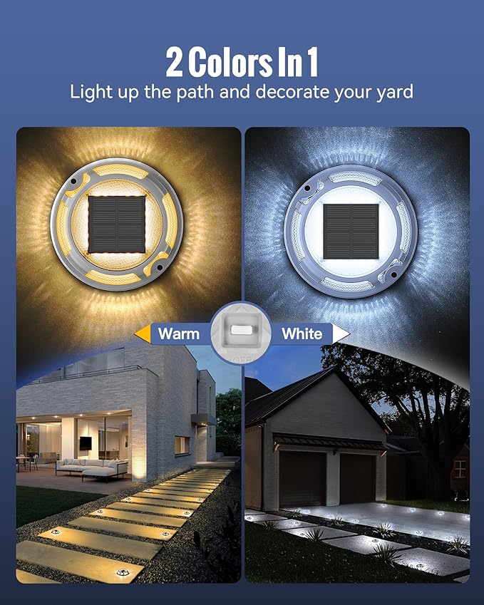 Solar Driveway Lights Dock Light Waterproof 12 Pack, 2 Colors in 1 Outdoor LED Solar Deck Lights, Solar Powered Walk Way Lights Road Marker for Warning Stair Pathway Patio (Warm & Cool)