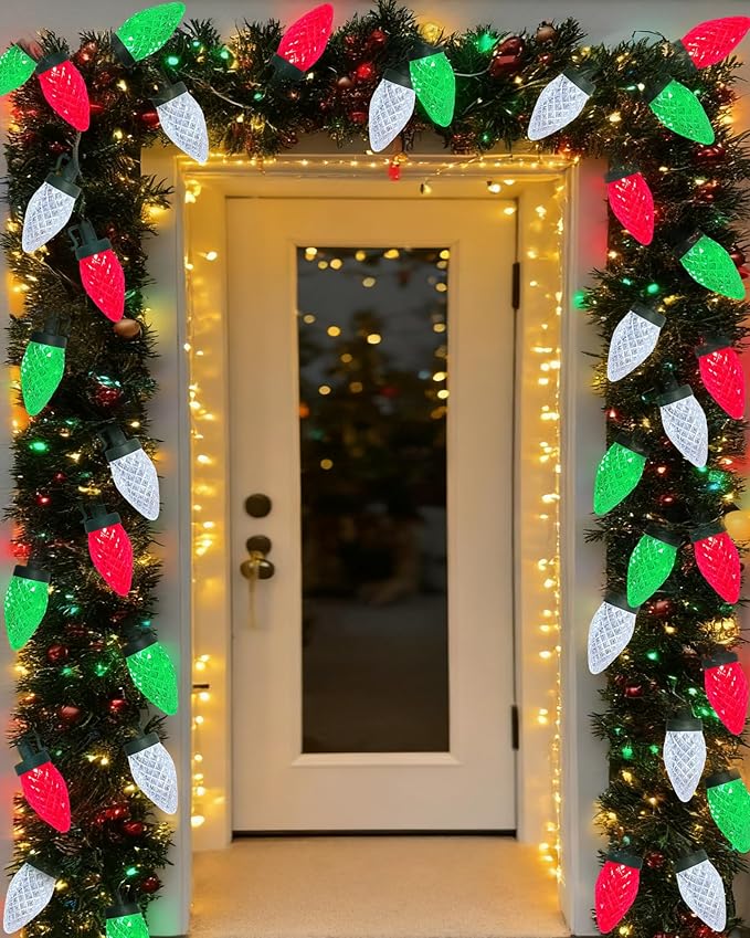 25Ft LED Red White and Green Christmas Lights Outdoor, C9 Vintage Christmas Lights with 25 LED Red Green White String Light, Plug in Strawberry Light for Indoor Outside Roofline Xmas Tree Decor