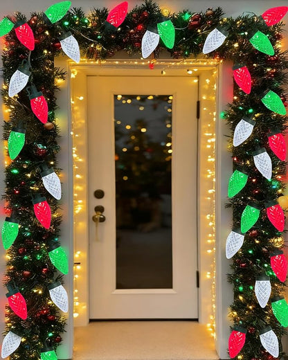 25Ft LED Red White and Green Christmas Lights Outdoor, C9 Vintage Christmas Lights with 25 LED Red Green White String Light, Plug in Strawberry Light for Indoor Outside Roofline Xmas Tree Decor