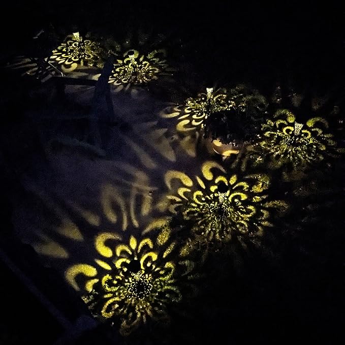 EX ELECTRONIX EXPRESS 6 Pack Solar Charging Decorative Walkway Patio Lawn Lights - Warm Yellow Subtle Pattern Lighting - Automatic On at Dusk and Off at Sunrise - Weatherproof Black Plastic