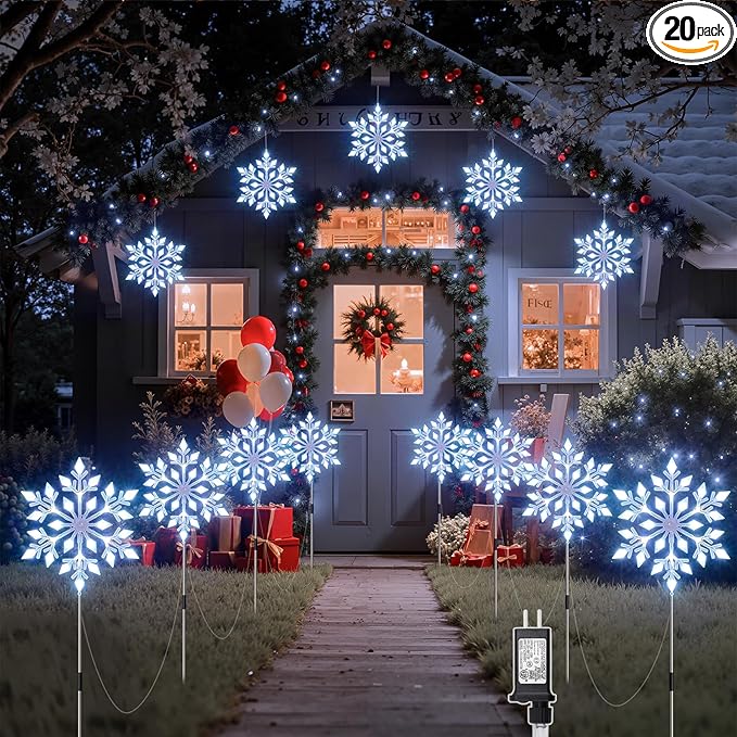 Brightown Snowflake Lights Outdoor, 2 Sets Total 20 Large Snowflake Christmas Pathway Lights, Christmas Decorations Outside Yard Sidewalk Walkway Driveway Marker Stake, White