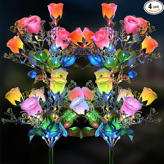 4 Pack Solar Garden Lights Outdoor, LED Colorful Waterproof Solar Powered Rose Flowers Landscape Lights for Outside Yard, Patio, Pathway Decorative, Décor, Gifts, Two Lighting Modes