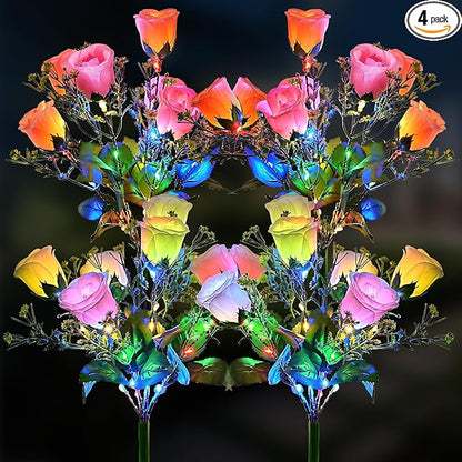 4 Pack Solar Garden Lights Outdoor, LED Colorful Waterproof Solar Powered Rose Flowers Landscape Lights for Outside Yard, Patio, Pathway Decorative, Décor, Gifts, Two Lighting Modes