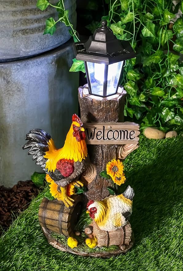 Ebros Country Farm Rooster Hen and Chicks Family by Sunflowers Solar LED Light Lantern Welcome Sign Statue Path Lighter 18.25" Tall