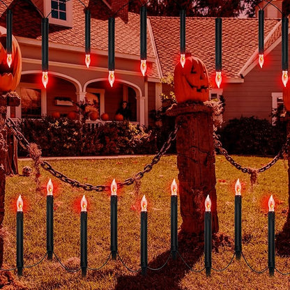 19.5Ft Halloween Pathway Lights Outdoor, Halloween Decor Candle Lights with 10 C18 Flame Bulbs and Black Blood Tears Stakes, Plug in Walkway Decoration Lights for Lawn Yard Garden Party Decor