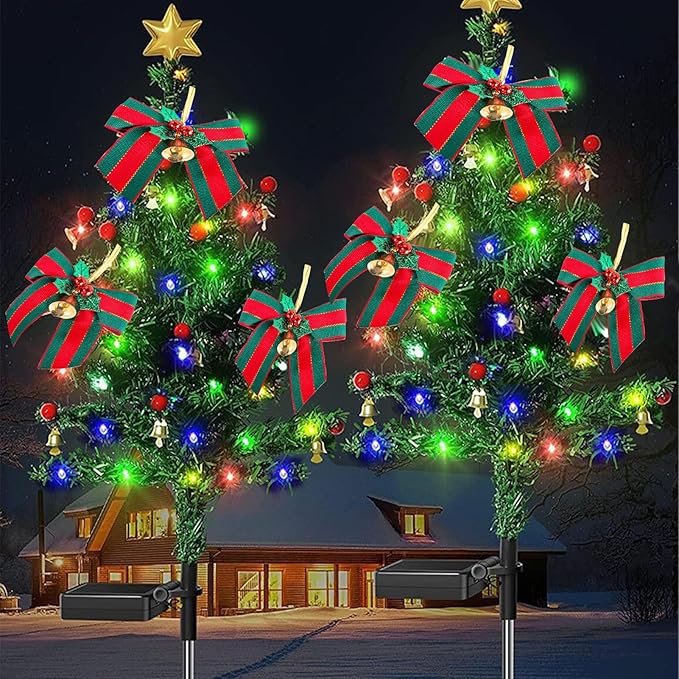 belupai 2 Pcs Solar Garden Christmas Tree Stake Lights, 31.6in Outside Xmas Tree Stake with 20 LEDs, Waterproof LED Tree Landscape Lights for Garden Yard Pathway Lawn Outdoor Decoration (Multicolor)