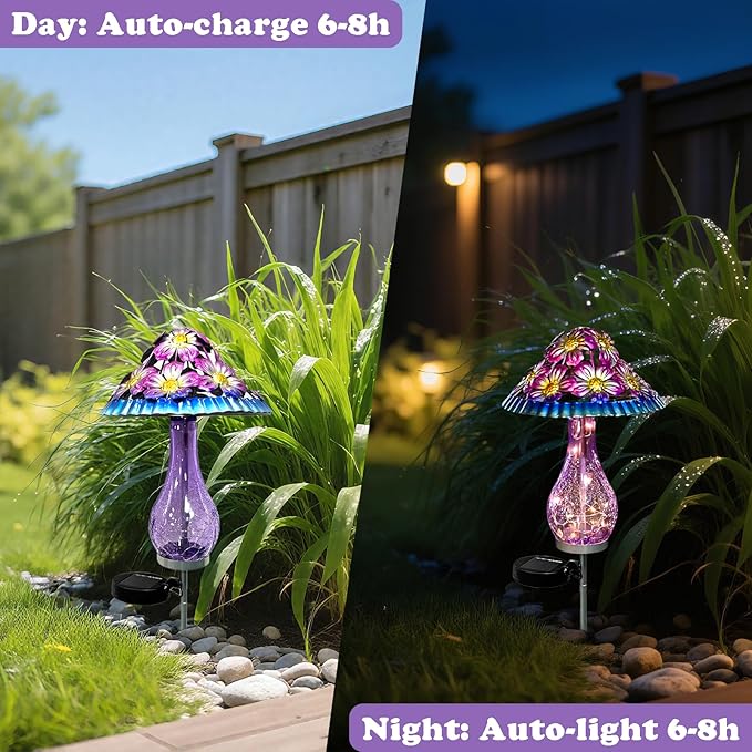Solar Outdoor Lights, Hand-Blown Glass Mushroom Solar Lights Outdoor with Metal Ground Spikes, Decorative Solar Lights for Outdoor Garden Yard Lawn Porch Backyard Pathway, Gifts for Mom Women (Purple)