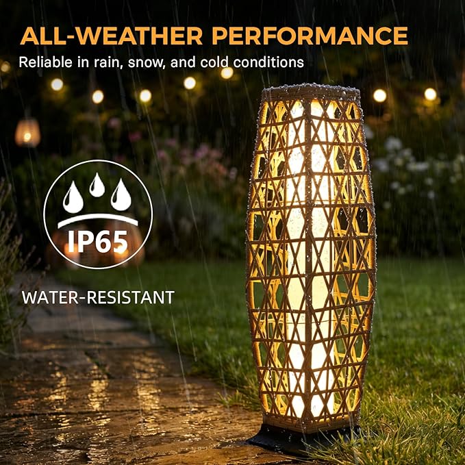 Grand patio Outdoor Floor Lamp Solar Lantern, Water-Resistant Natural Wicker Boho Patio Light with 50/100 Lumens Dual Brightness & Memory Mode for Garden Porch Deck Decor, Large Cindy Natural