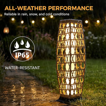 Grand patio Outdoor Floor Lamp Solar Lantern, Water-Resistant Natural Wicker Boho Patio Light with 50/100 Lumens Dual Brightness & Memory Mode for Garden Porch Deck Decor, Large Cindy Natural