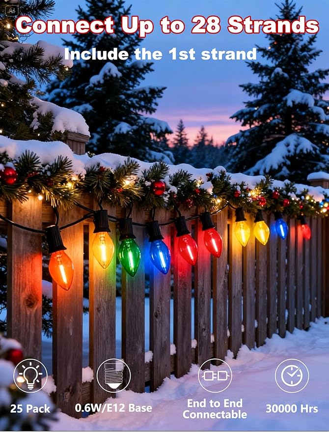 C7 LED Christmas Lights, 25Ft C7 Multicolor String Lights with 27 Clear Bulbs, LED String Lights for Christmas Tree Decor Patio, 0.6 Watt E12 Candelabra Base