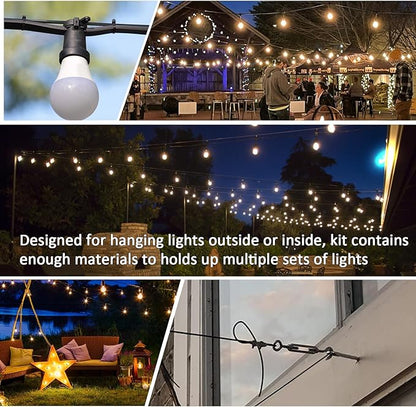 String Light Hanging Kit, Full Black Globe String Lights Suspension Kit w/ 164FT PVC Coated Steel Cable & Enough Accessories, Guide Wire for Outdoor String Lights, Patio Lights, Camping Light