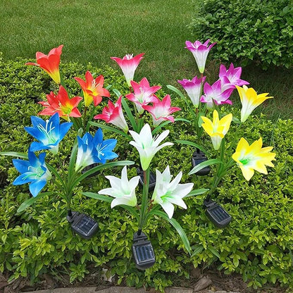 Lxcom Lighting Solar Path Light 4 Pcs Artificial Lily Flowers Waterproof Solar Garden Light Decorative Outdoor Lights Solar Lights Outdoor Garden for Patio Garden Yard Pathway, 4 Pack(Red)