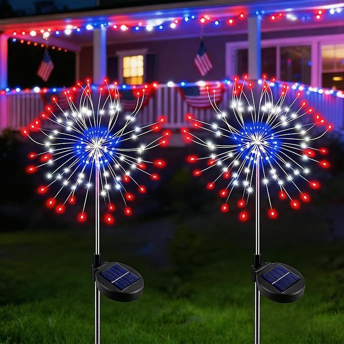 ITICdecor Solar Garden Lights Firework Lights 2 Pack 120 LED Red White Blue Solar Fairy Light Outdoor Waterproof for Independence Day President Memorial Day Christmas Party Patriotic Decorations
