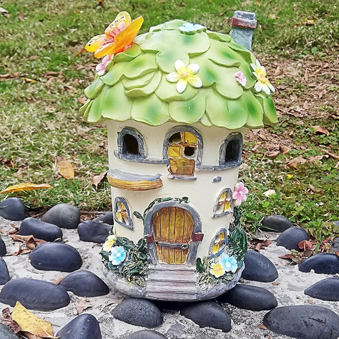 Solar Garden Figurine Lights, Large Resin Mushroom House Decorative Statue Waterproof Outside Ornament for Patio Yard Lawn Balcony (Green)