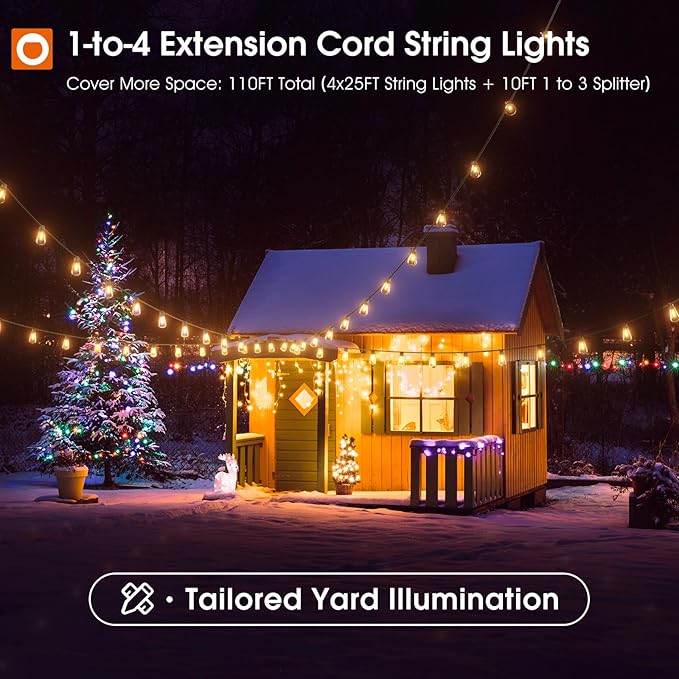 addlon 50FT Solar String Light 1-to-4 Extension Cord String Lights - 110FT Total (4x25FT String Lights + 10FT)