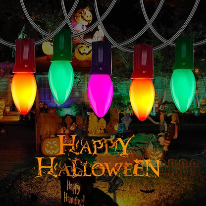 C7 LED Halloween Lights, 25FT Halloween C7 String Lights with 27 Orange Green and Purple LED Bulbs, Hanging Halloween Decoration Lights for Outdoor Indoor Patio Home Party Garden Yard-Black Wire