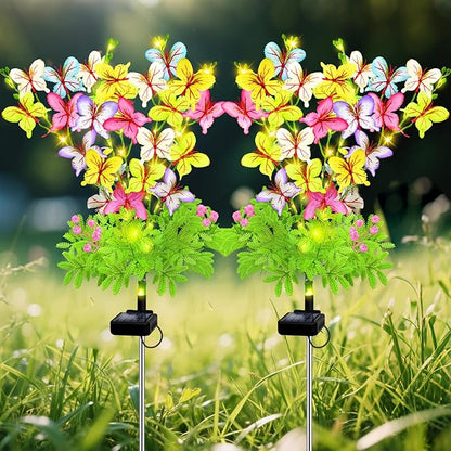 Butterfly Solar Garden Lights Outdoor, 2 Pack Solar Flower Garden Decor, Waterproof Decorative Lights for Outside Patio Yard Pathway Lawn Grave Cemetery, Gardening Gifts for Women Mother's Day