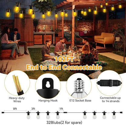 Aialun 102ft 2Pack Outdoor String Lights 2200K Warm White,Outside Patio Lights Led S14 Shatterproof Plastic Edison Bulbs, Waterproof Backyard Light String Decor for Cafe,Bistro,Porch,Deck,Gazebo