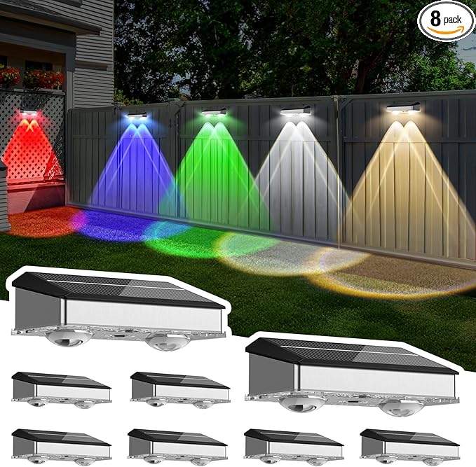 Solar Fence Lights Outdoor 8 Pack, Stainless Steel & IP65 Waterproof, 8 Lighting Modes High Brightness LED Spot Lens Deck Lights Dusk to Dawn for Backyard Stair Railing Patio Wall