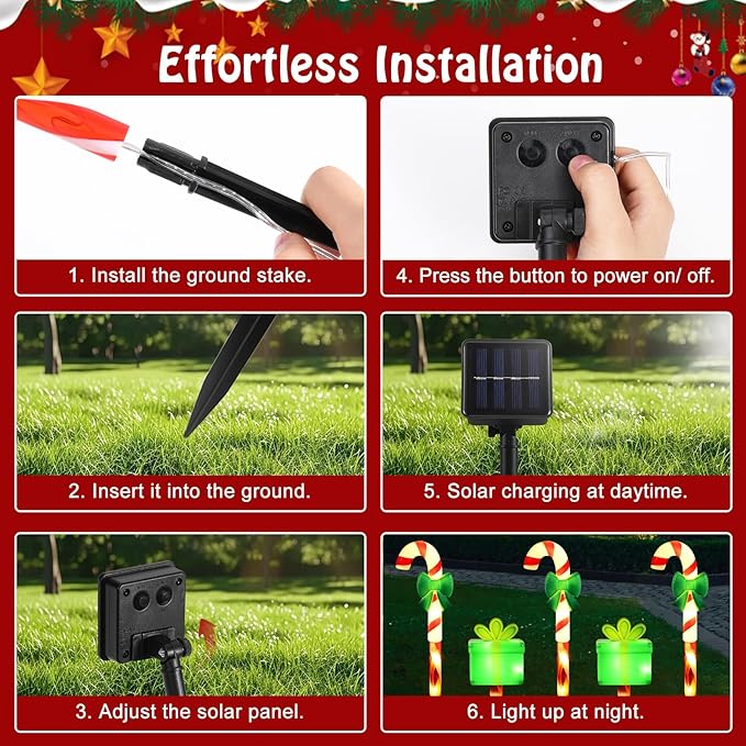 Lewondr Solar Christmas Pathway Lights, 5 PCS Solar Christmas Decorations Outdoor with 2 Lighting Modes, Cane and Gift Box Lights with Garden Stake, Waterproof Garden Yard Lawn Patio Holiday Decor