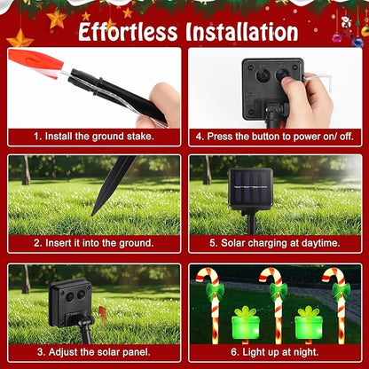 Lewondr Solar Christmas Pathway Lights, 5 PCS Solar Christmas Decorations Outdoor with 2 Lighting Modes, Cane and Gift Box Lights with Garden Stake, Waterproof Garden Yard Lawn Patio Holiday Decor