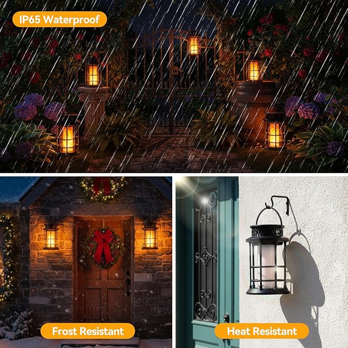 ELUTENG Solar Lantern Outdoor Lights Flickering Flame Solar Lanterns Lights 1200mAh Hanging Lantern Decorative, Outdoor Waterproof, Flame Torches for Outside Patio Pathway Yard Decorations