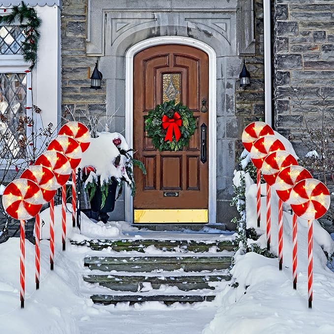 Bencailor 10 Pcs Christmas Pathway Marker Light Xmas Red and White Lollipop Solar Powered Light Christmas Outdoor Decoration Candy Cane Driveway Plugin for Yard Patio(Novel)