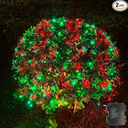 2 PACK Outdoor Garden Light - Waterproof Net Lights, 200 LED Battery Operated Tree String Light with 8 Modes, Mesh Curtain Lights for Garden Patio Yard Christmas Tree and Holiday Decor(Red/Green)