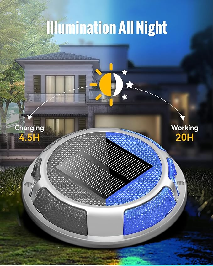 Solar Driveway Lights Dock Lights Waterproof 4 Pack, 2 Colors in 1, LED Solar Deck Lights for Outside, Solar Powered Ground Lights for Warning Driveway Stair Step Pathway(Blue & White)