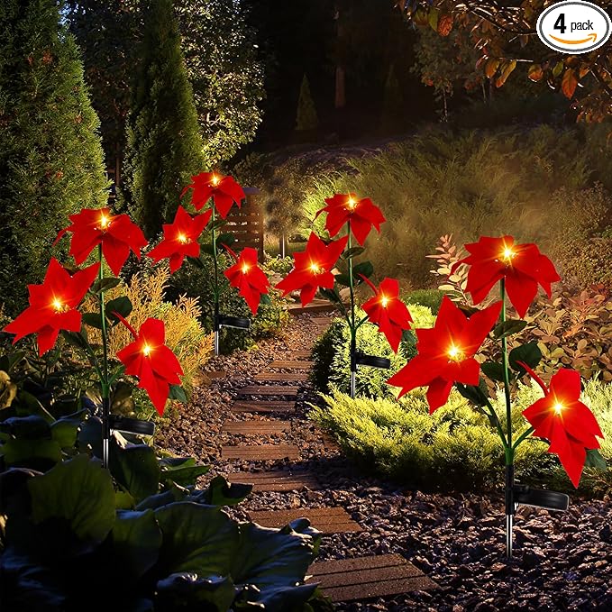 VIHOSE 4 Pieces Christmas Solar Poinsettia Stake Light Flowers Waterproof Trees Pathway Lights for Cemetery Grave Pathway Yard Garden Lawn Outdoor Xmas Decoration