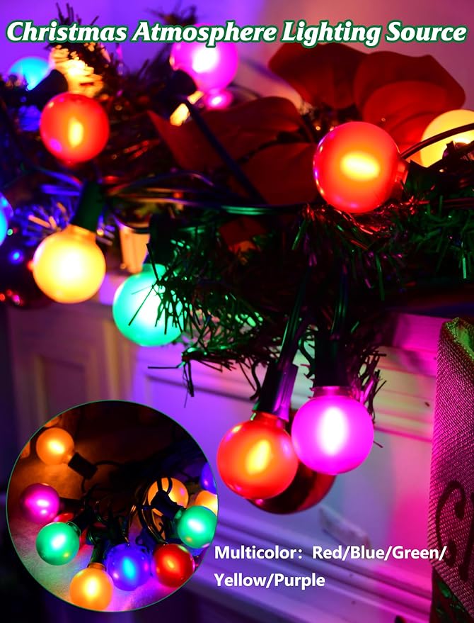 SUNSGNE 25FT LED Colored Christmas Lights with 25 G40 LED Shatterproof Frosted Multicolor Globe Bulbs, Waterproof | Lumora