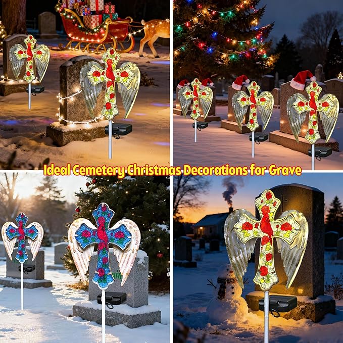 Solar Cross Lights Outdoor, Solar Cardinal Stake Lights Cemetery Decorations for Grave, Jesus Cross Sympathy Memorial Gifts for Christmas Women Mom, Glass Garden Art for Cemetery Yard Patio