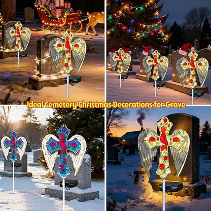 Solar Cross Lights Outdoor, Solar Cardinal Stake Lights Cemetery Decorations for Grave, Jesus Cross Sympathy Memorial Gifts for Christmas Women Mom, Glass Garden Art for Cemetery Yard Patio