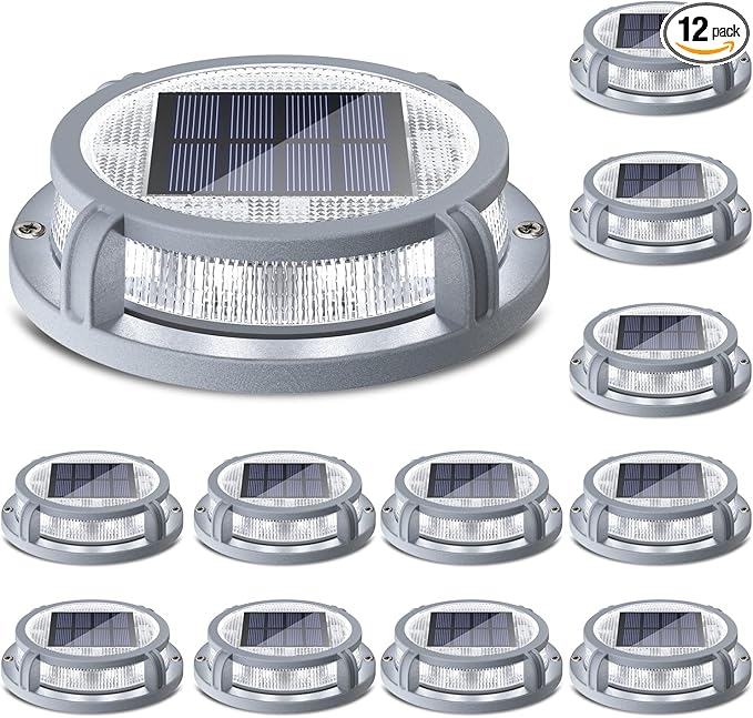 SIEDiNLAR Solar Deck Lights Outdoor 2 Modes 16 LEDs Dock Light Driveway Markers Solar Powered Waterproof for Ground Step Pathway Walkway Stair Garden Road Yard 12 Pack (Cool White/Warm White)