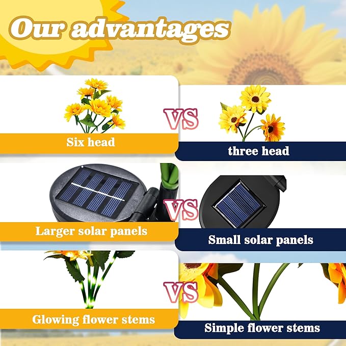 Anothera 6Pcs Solar Sunflower Lights Features Flashing or Steady-on Modes, Waterproof Sunflower Garden Lights for Outdoor Patio, Lawn, Valentine's Day Gifts for Wife and Girlfriend