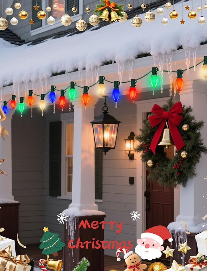 C9 LED Multicolor Christmas Lights, 50FT Outdoor String Lights with 54 Ceramic Bulbs (4 Spare), Waterproof Retro Christmas Lights Decor for Xmas Tree, Roof, Porch, Backyard, Indoor Outdoor Party