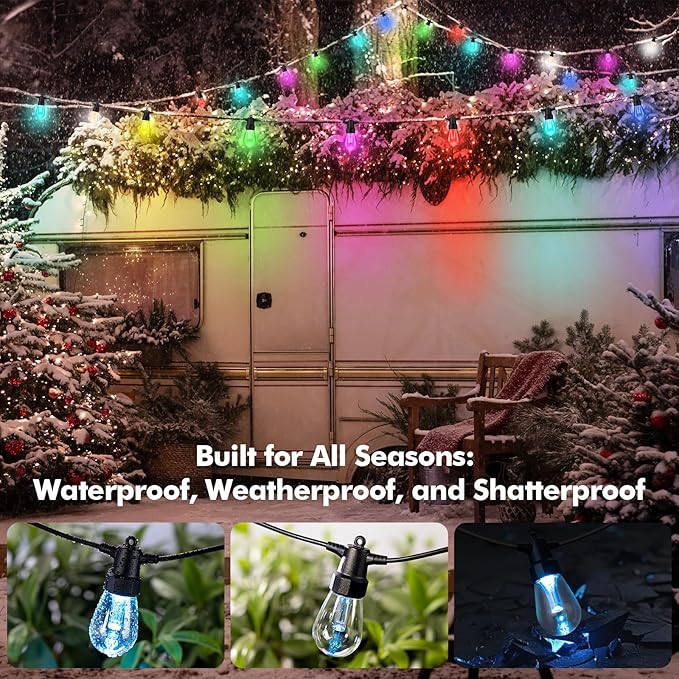 Outdoor String Lights Waterproof Patio Light 52FT 20 RGBW Dimmable LED Bulbs, Shatterproof Outside Hanging Color Changing Lights for Backyard Party Garden Porch Balcony (52FT)