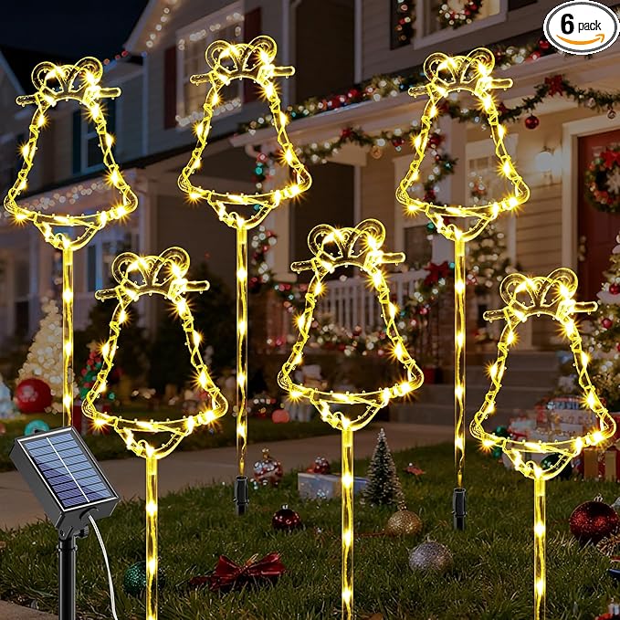 6 Packs Christmas Bell Solar Garden Lights with 8 Light Modes, 21.65 Inches Tall Christmas Outdoor Light with 20 LEDs Each, Solar Outdoor Xmas Decor for Garden, Path, Patio (Warm White)