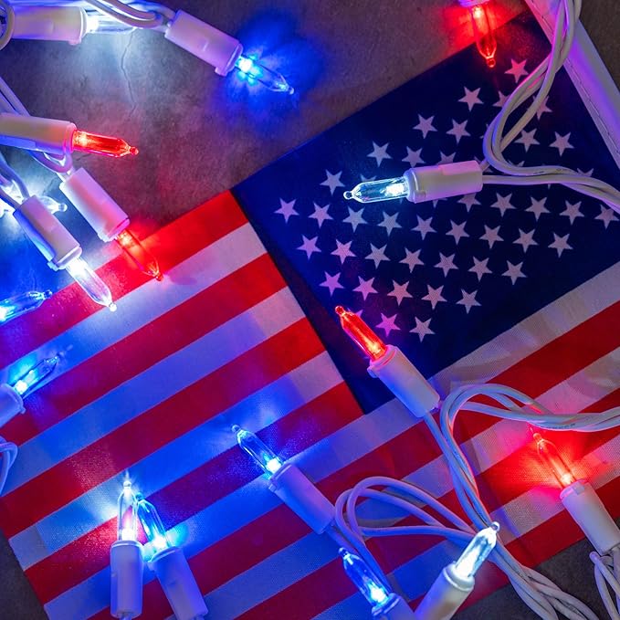 YULETIME 200 Red, White & Blue Christmas Lights, Pack of 2 Sets 33 Feet 100 Count Incandescent-Like LED Mini String Lights (Red, White & Blue - White Wire)