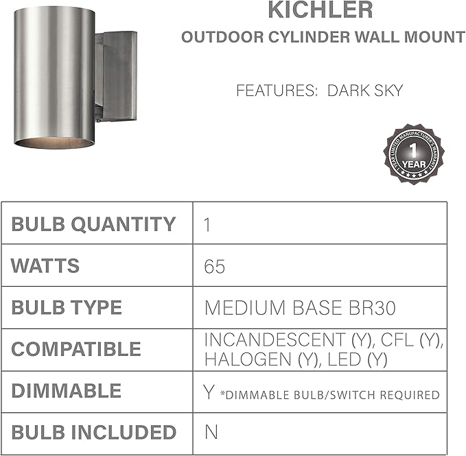 Kichler 9234BA Outdoor Cylinder Wall Mount Sconce DownLight, Brushed Aluminum 1-Light (5" W x 7" H) 65 Watts | Lumora