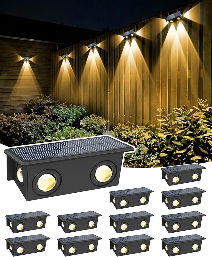 T-SUN Solar Fence Lights Waterproof, LED Wall Lights Outdoor with 2 Bright Modes Warm White Solar Powered, Fence Light for Backyard Railing Patio Porch Pool (12 Pack, Warm White)