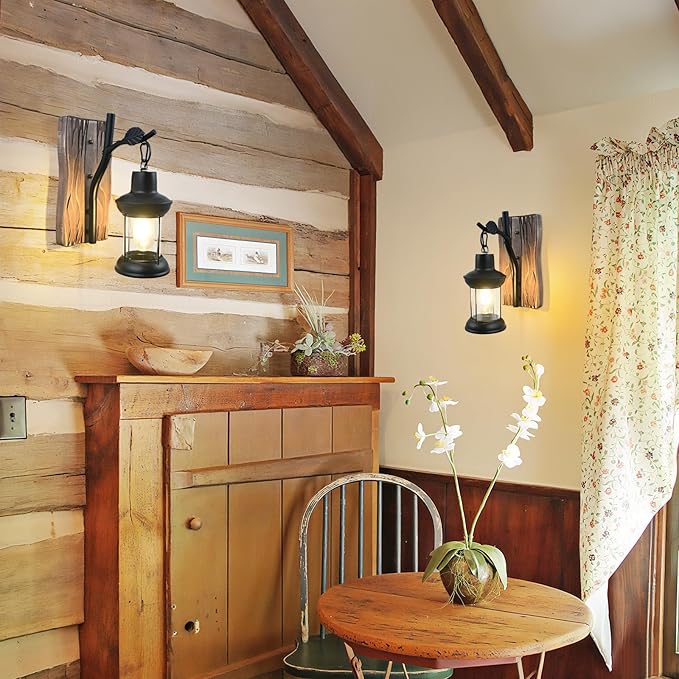 Rustic Wall Light Fixtures Vintage Wall Sconces Sets of 2 Farmhouse Antique Wooden Wall Lamps with Clear Glass | Lumora