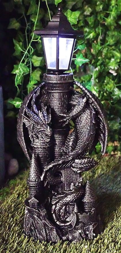 Ebros Gift Mystical Rocky Cliff Top Castle Dungeon Guardian Dragon Solar LED Light Lantern Statue Path Lighter Patio Lighter
