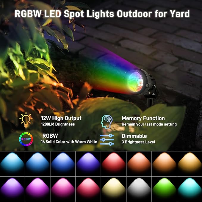 12W RGBW Color Changing Landscape Spotlights, 110V Plug-in Outdoor LED Spot Lights with Remote Control, IP65 | Lumora