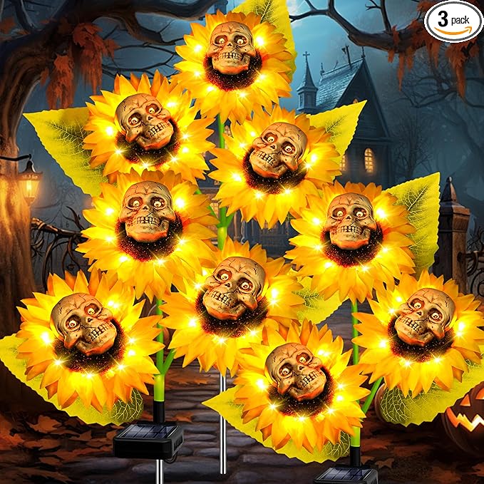 Halloween Decorations Outdoor, 3 Pack Solar Scary Skull Sunflowers Lights,Waterproof Solar Flowers Lights Garden Decor for Halloween Yard Patio Lawn Party Decor